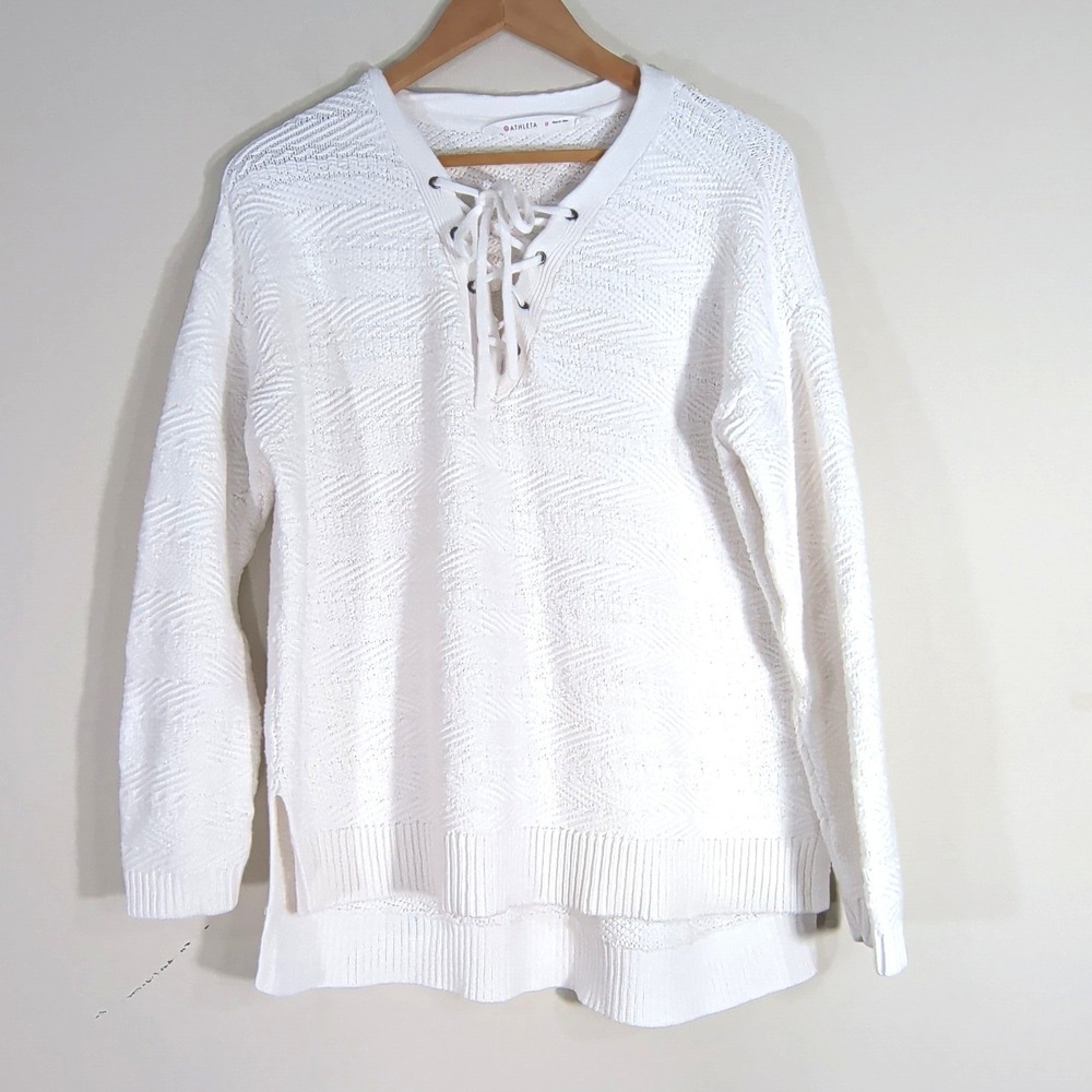 Athleta White Lace Up Sweater; Textured Knit Pullover